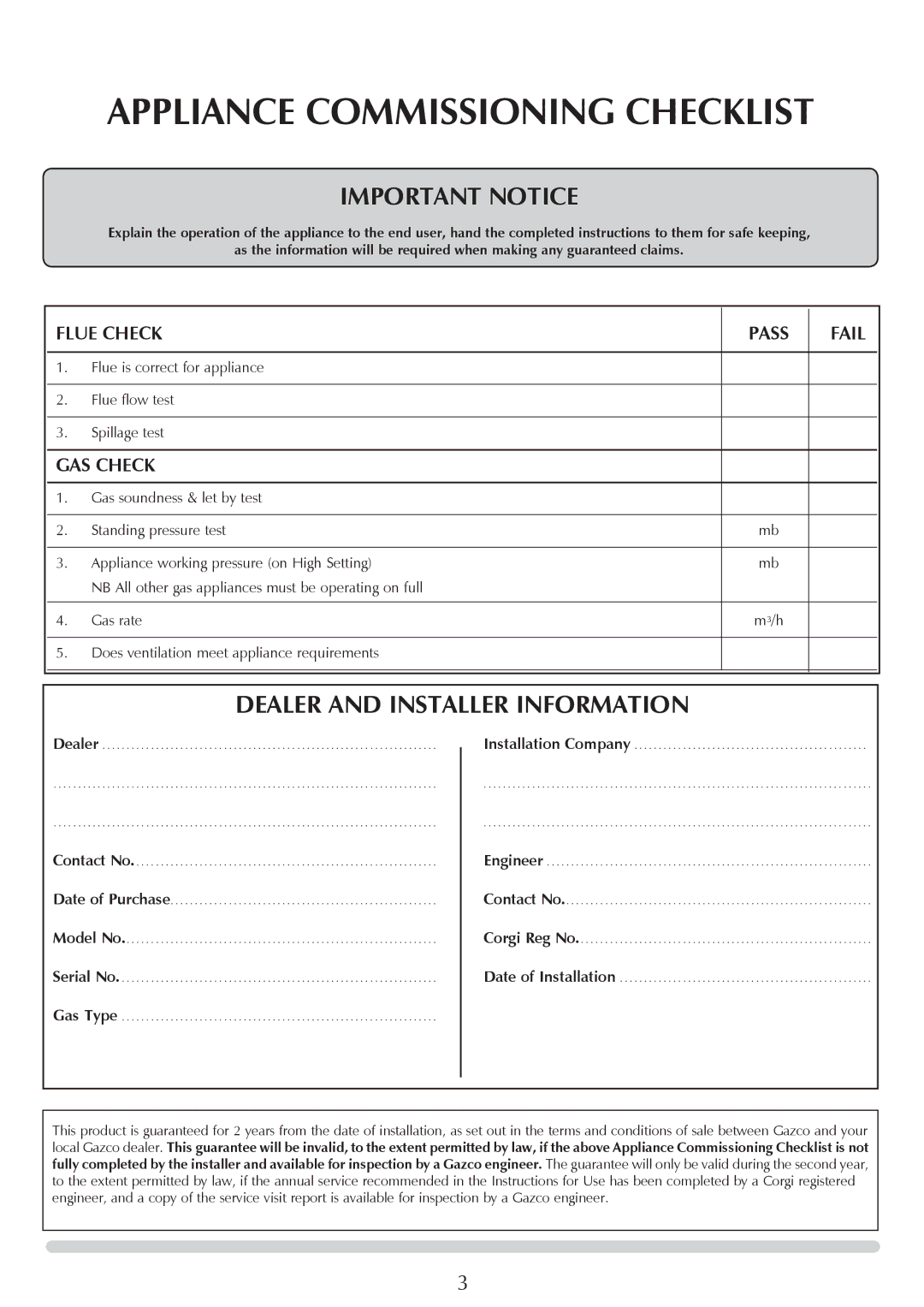 Stovax P8701CFCHEC, P8700CFCHEC manual Appliance Commissioning Checklist, Flue Check, Fail, Gas Check, M3/h 